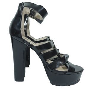Steve Madden GROOVE Black Patent Heeled Sandals Shoes Women's Size 7.5 M READ
